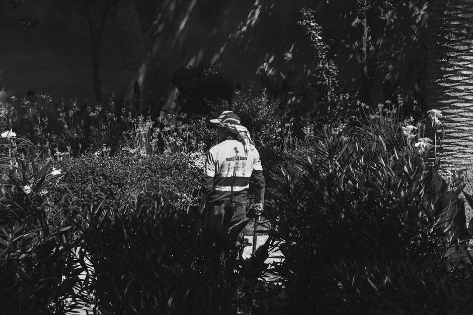 A person wearing a hat and jacket is using a garden hoe to tend to the soil and grass near the side of a building with a white exterior wall. The garden area includes a grassy patch with tall weeds an